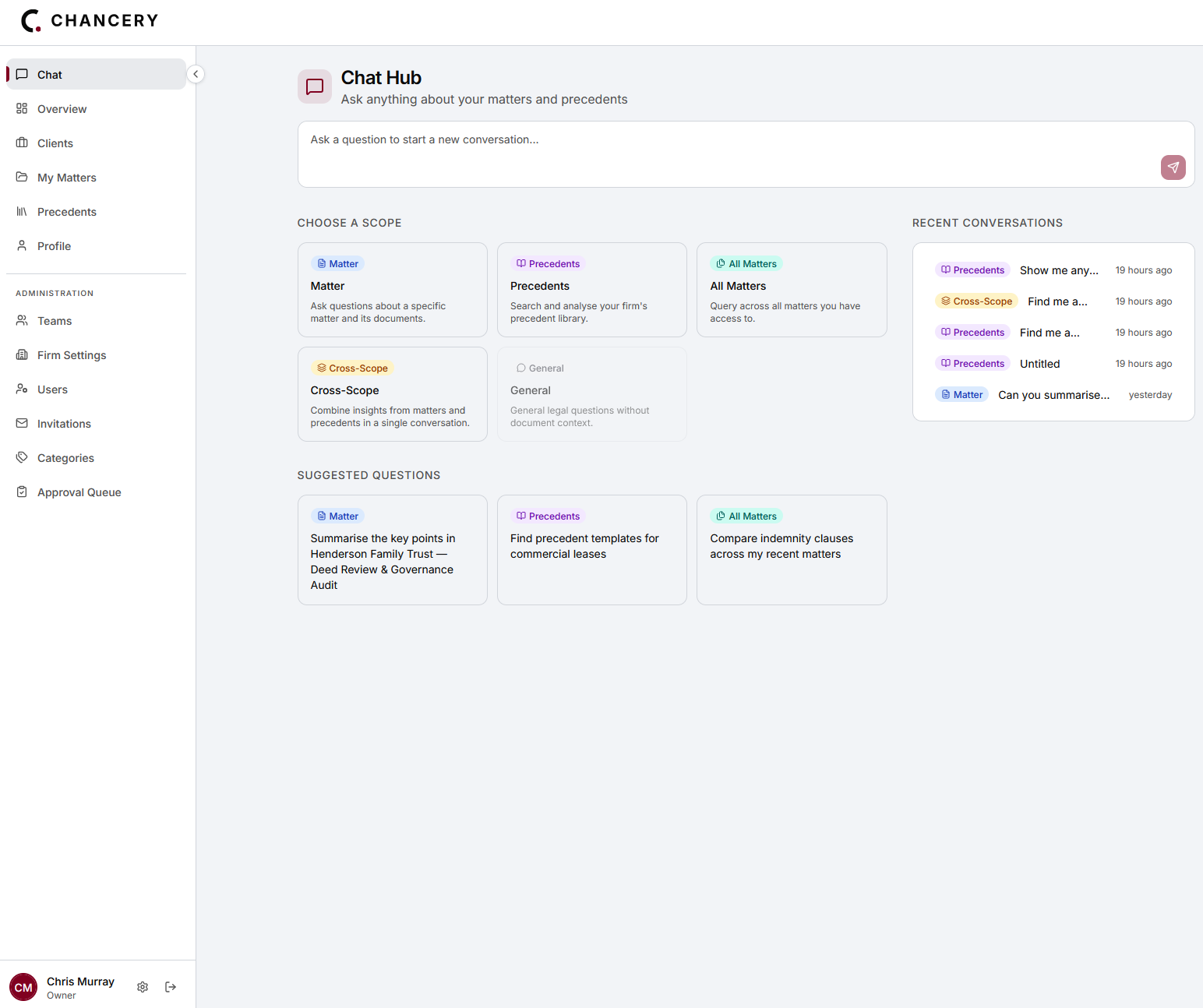 Chancery AI platform interface showing document chat with cited answers and search scopes